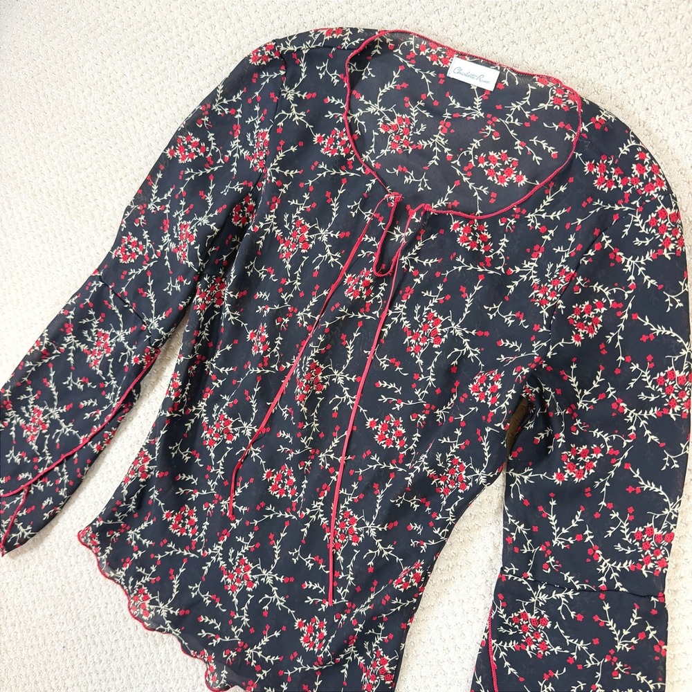Y2K Fairy Sheer Blouse Charlotte Russe Womens Small Black Red Floral Whimsigoth